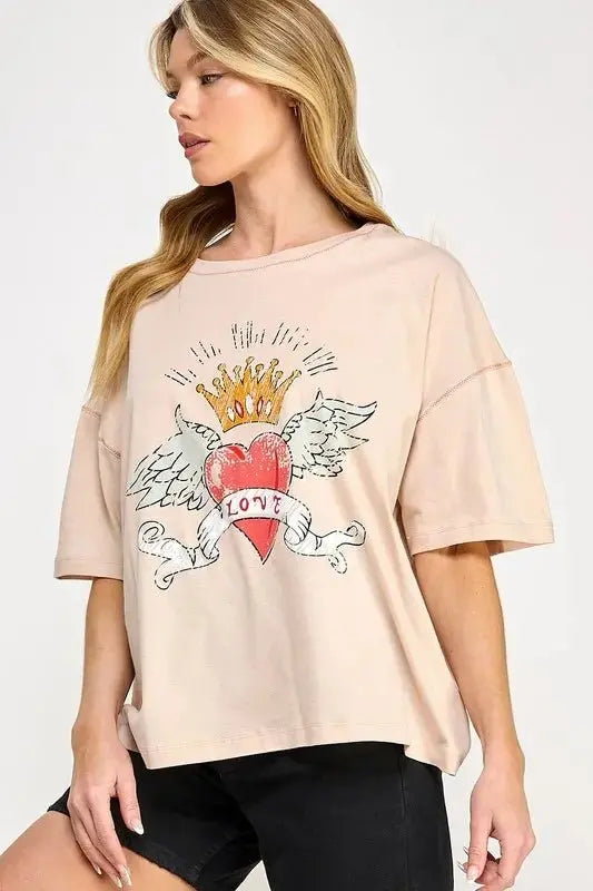 SAGE+FIG Love-Inspired Graphic Oversized T-Shirt for Women - Love Salve